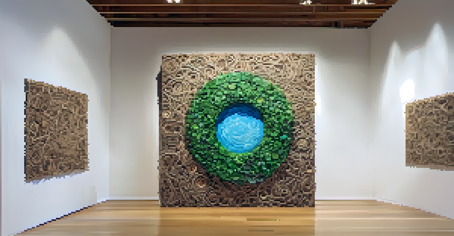 An installation art made from recycled materials in a gallery, emphasizing environmental activism under natural light.