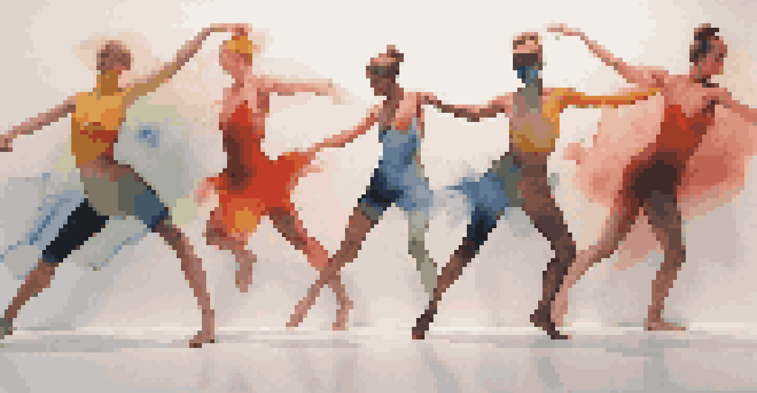 Multiple dancers performing in a gallery, wearing bright costumes against a white backdrop, with dramatic lighting.