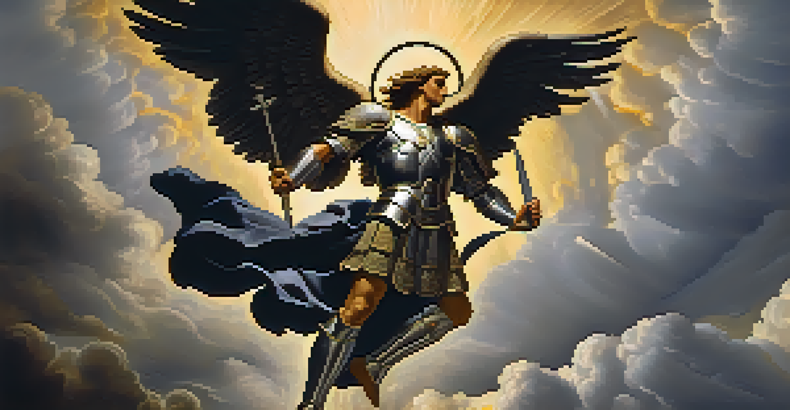 Saint Michael in shining armor battling a shadowy figure, symbolizing the triumph of good over evil.