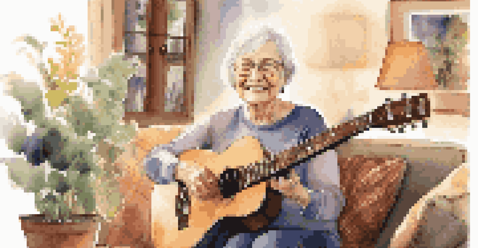 An elderly woman smiling while playing guitar in a cozy living room, with warm lighting and family photos in the background.