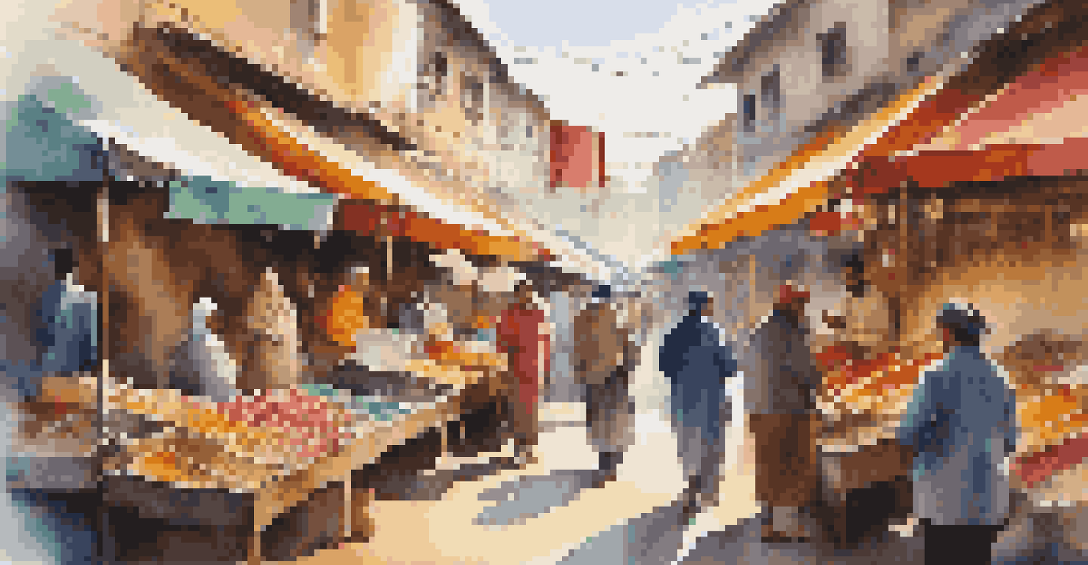 An artist painting in a colorful bustling market filled with local crafts.