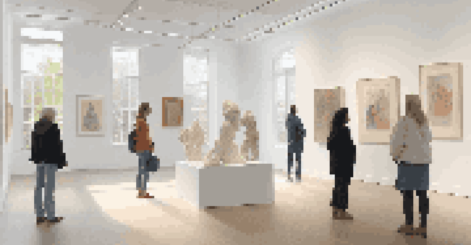 A contemporary art gallery showcasing various art pieces that address social issues, filled with natural light and engaged visitors.