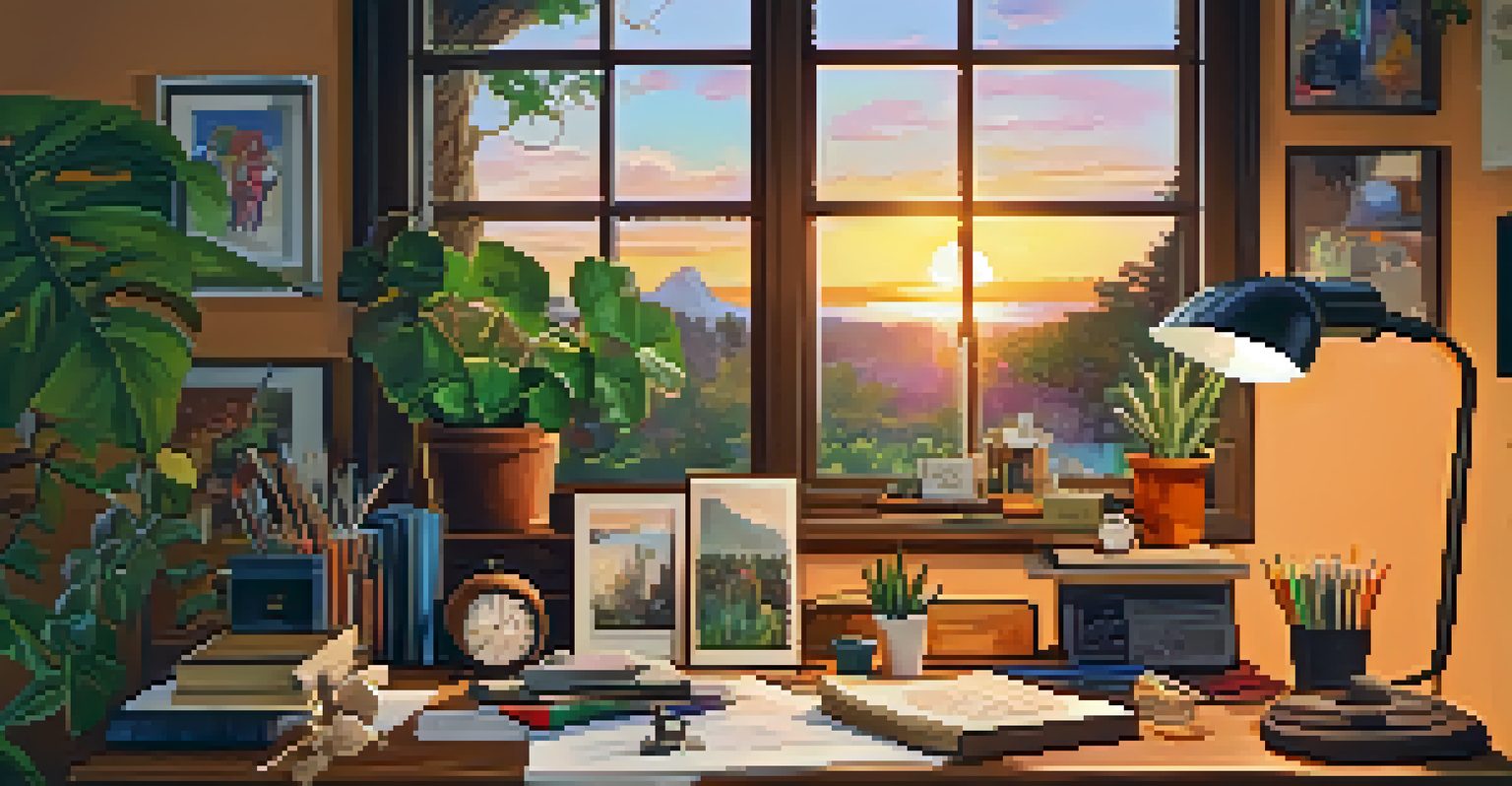 A warm and inviting workspace with personal memorabilia, art supplies, and a glowing desk lamp.