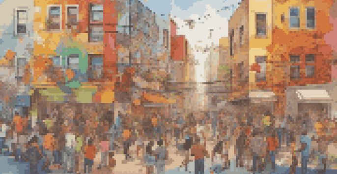 A diverse group of artists working together on a colorful mural in an urban setting, with sunlight illuminating their creative process.