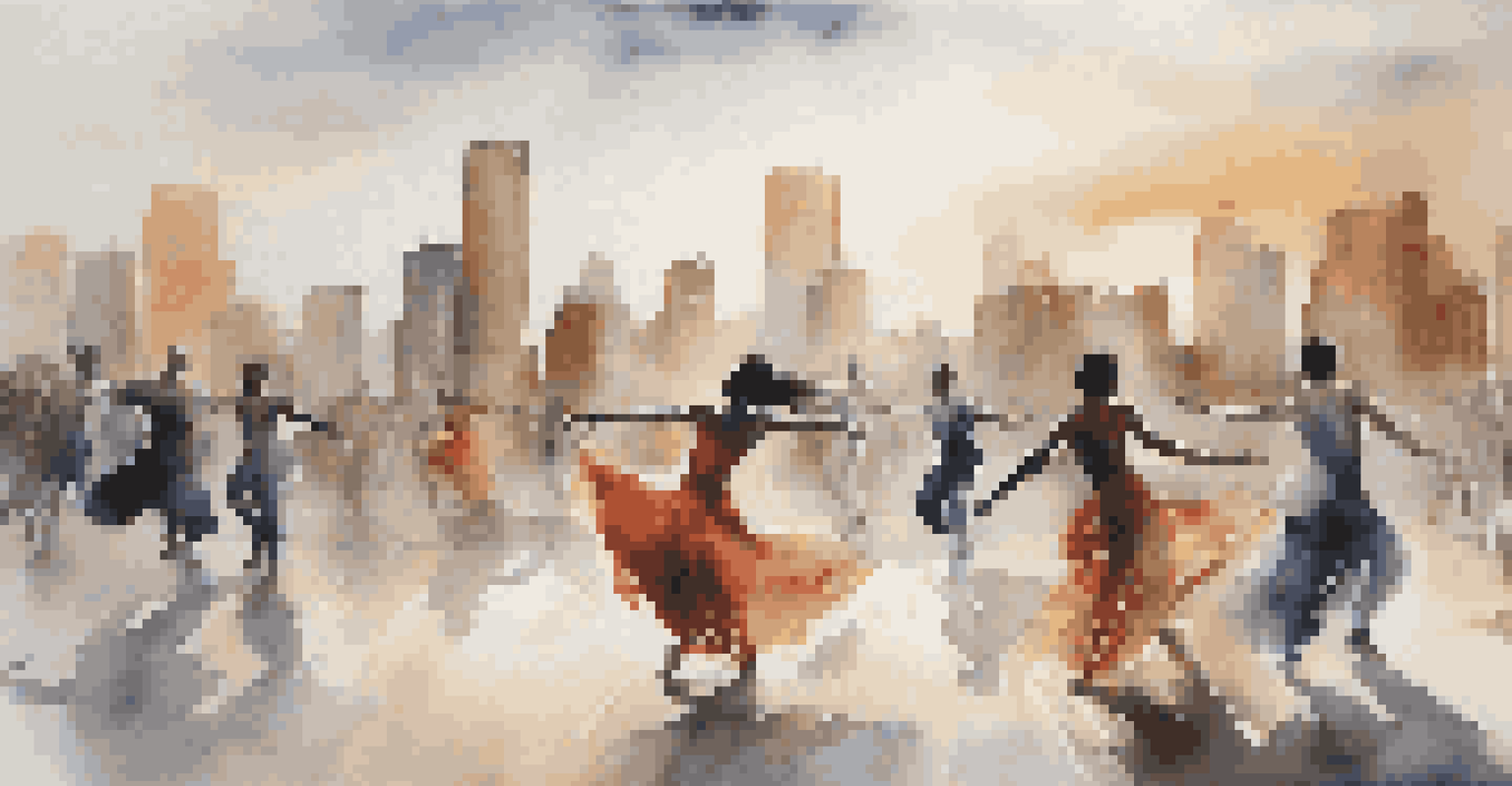 Dancers performing an expressive dance about displacement in front of a city skyline, showcasing struggle and hope.