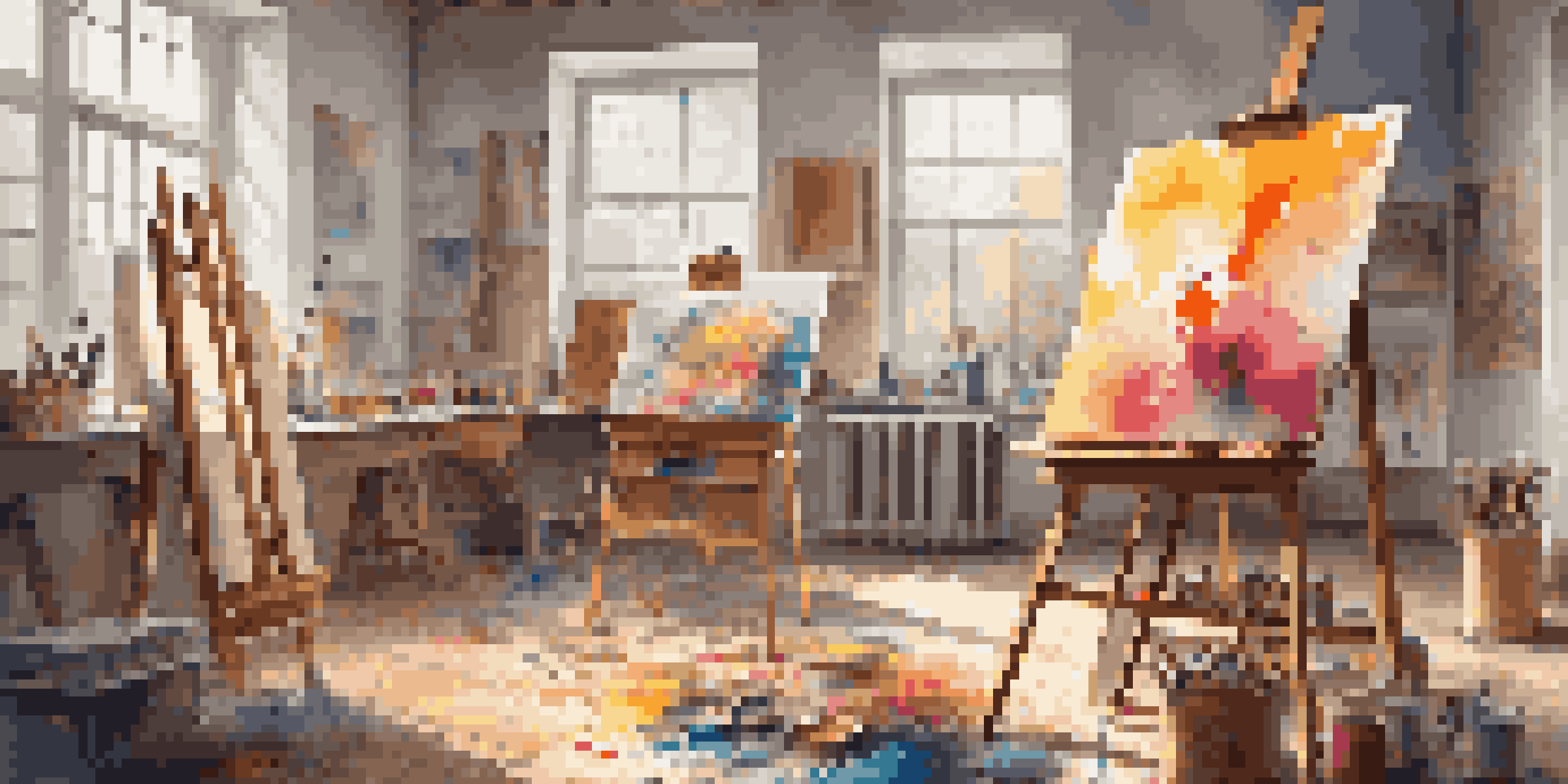 A bright art studio with canvases, colorful paint splatters, and an easel, bathed in natural light.