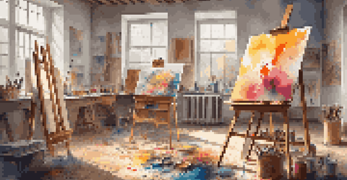 A bright art studio with canvases, colorful paint splatters, and an easel, bathed in natural light.
