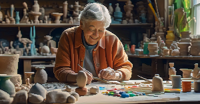 An elderly person happily sculpting clay at a table filled with sculpting tools, with sunlight coming through a window.