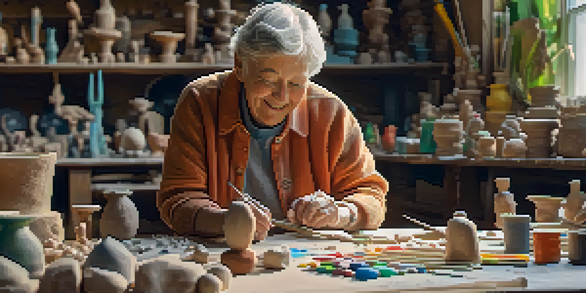 An elderly person happily sculpting clay at a table filled with sculpting tools, with sunlight coming through a window.