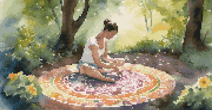 An artist creating a mandala with natural pigments in a lush green setting, surrounded by flowers and dappled sunlight.