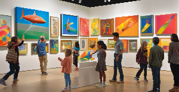 A lively art gallery with people of various ages interacting playfully with colorful artworks and installations.