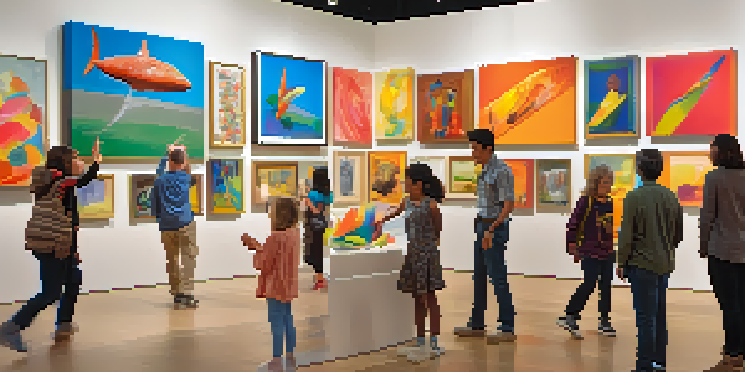 A lively art gallery with people of various ages interacting playfully with colorful artworks and installations.