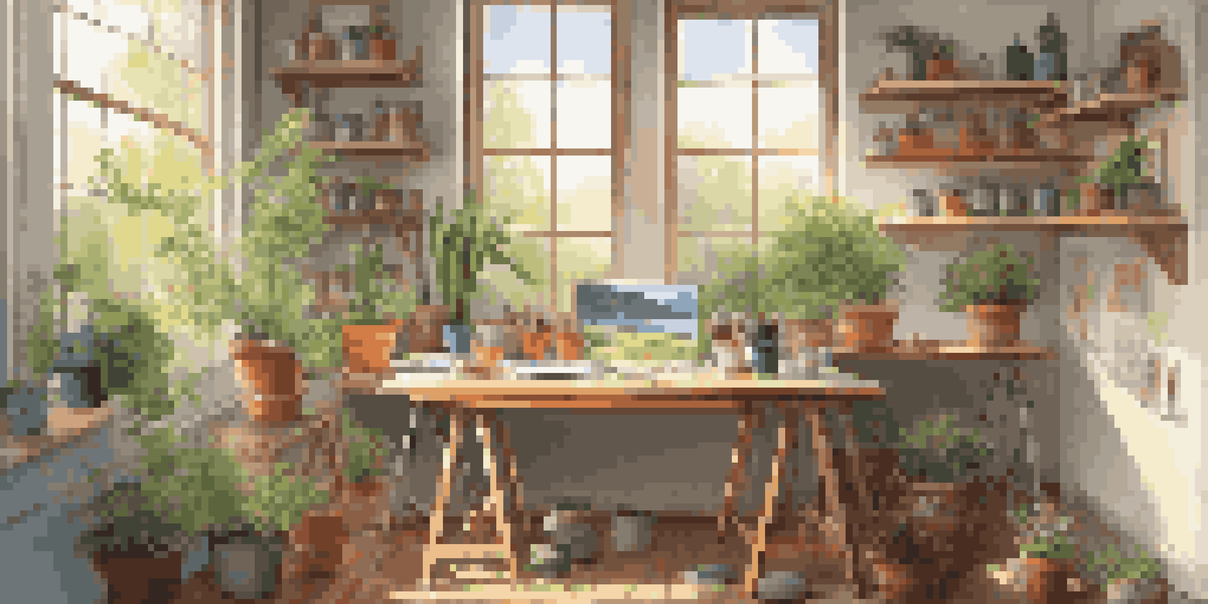 A bright and inviting artist's workspace with a half-finished landscape painting on an easel, surrounded by art supplies and potted plants.