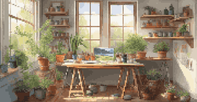 A bright and inviting artist's workspace with a half-finished landscape painting on an easel, surrounded by art supplies and potted plants.