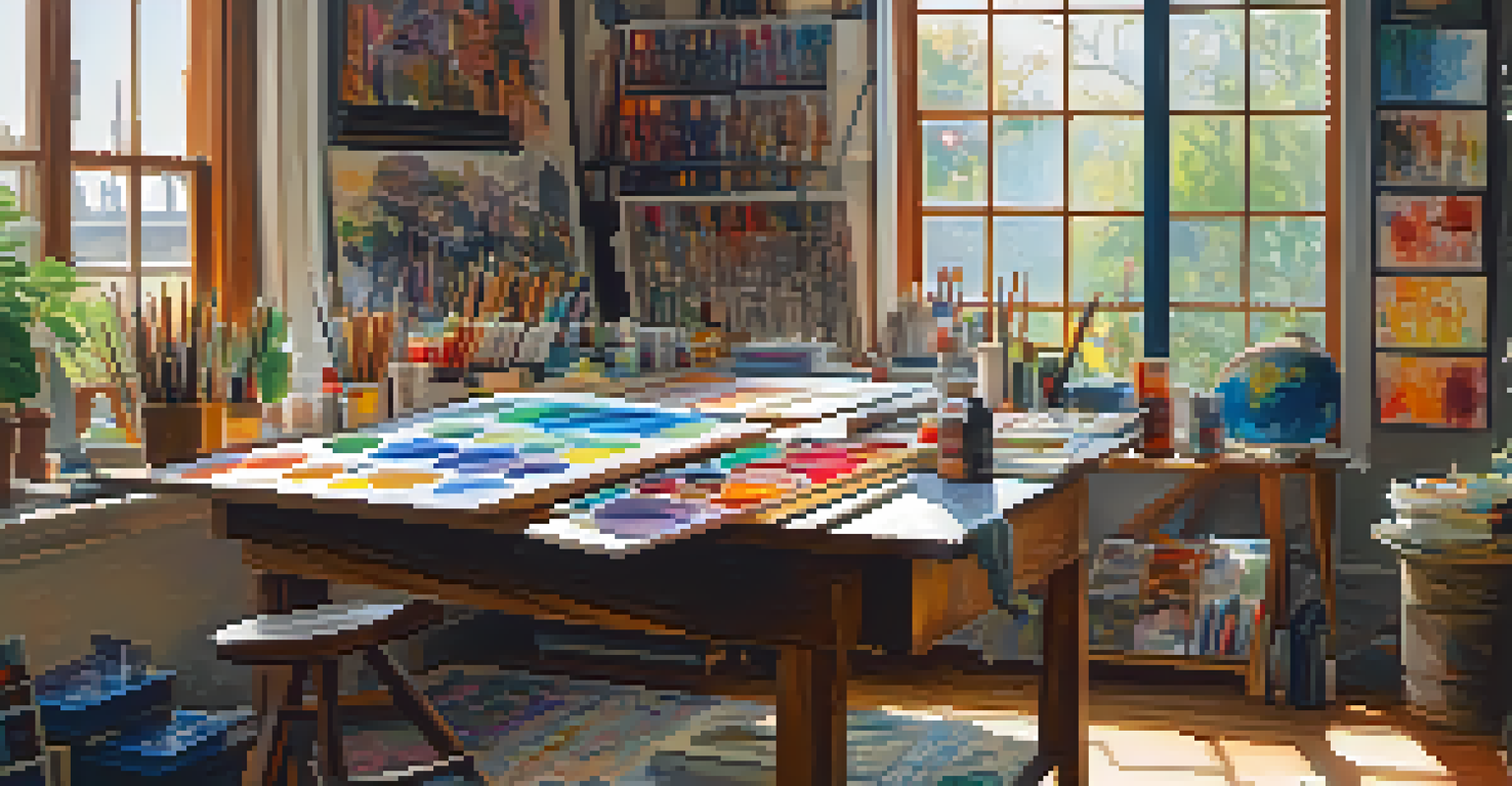 An artist's workspace with various art supplies and artists collaborating on multicultural artwork.