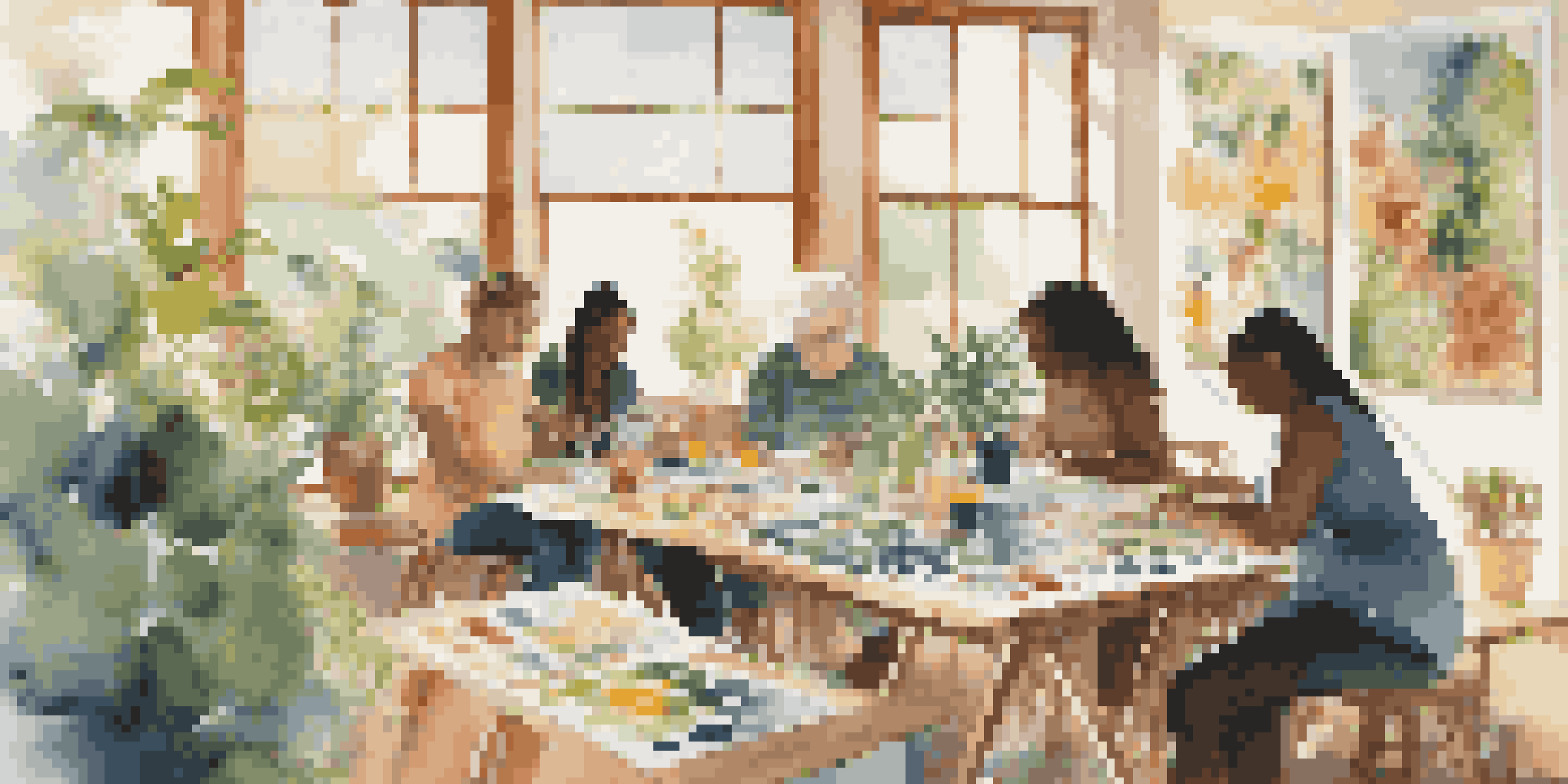 A group of individuals participating in an art therapy session, painting in a bright room filled with artwork and natural light.