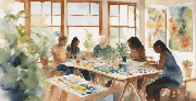A group of individuals participating in an art therapy session, painting in a bright room filled with artwork and natural light.