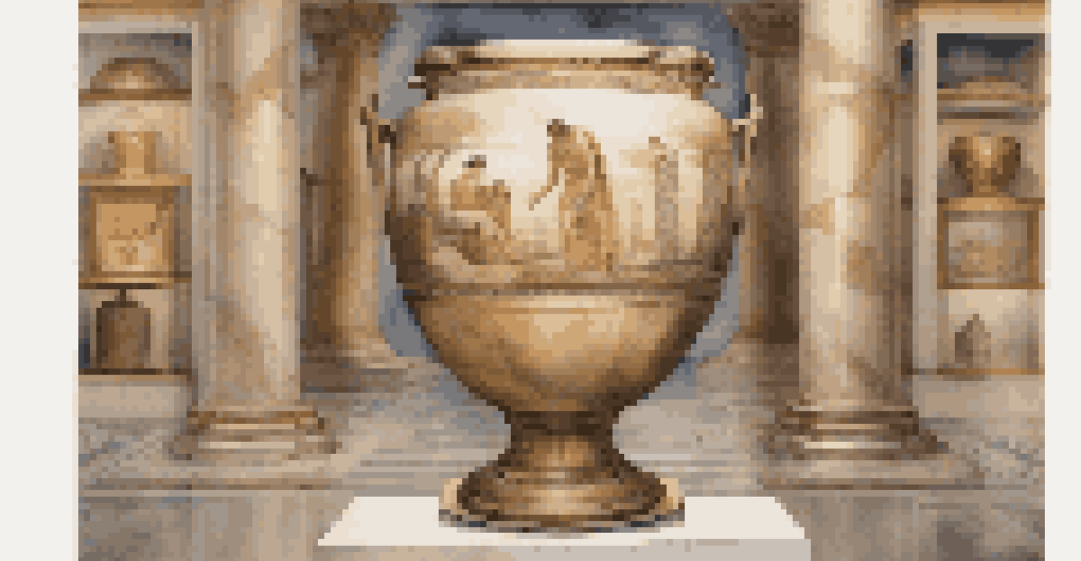 An ancient Greek funerary urn adorned with decorative scenes, displayed in a softly lit museum.