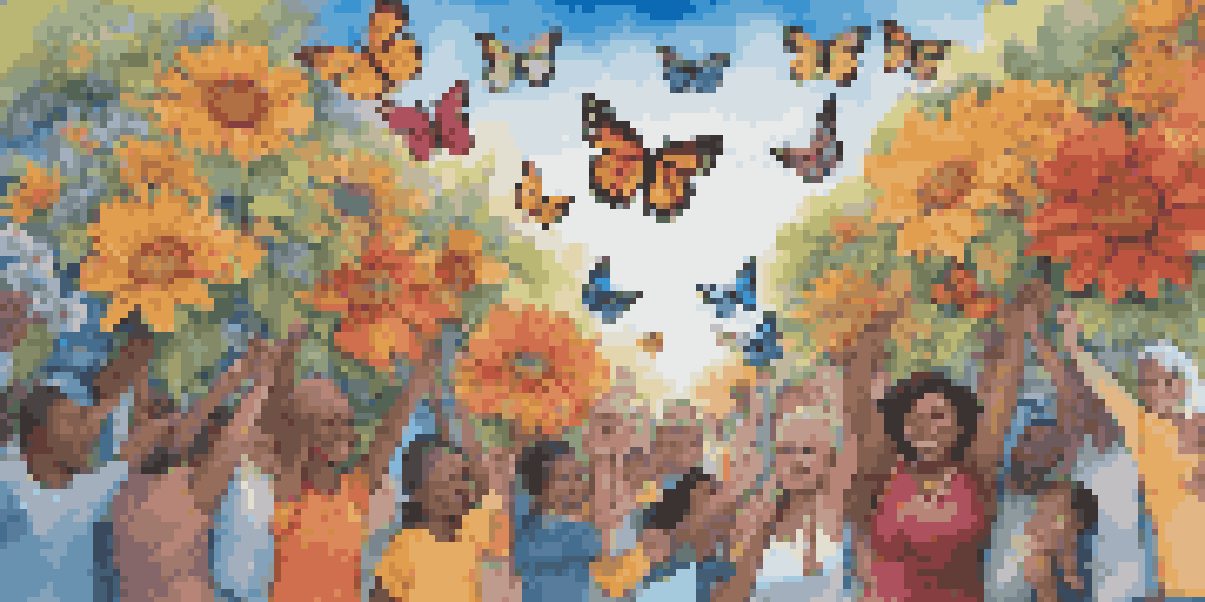 A colorful street mural showing a diverse group of activists holding hands with flowers and butterflies, representing unity and hope.