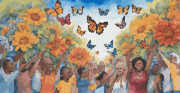 A colorful street mural showing a diverse group of activists holding hands with flowers and butterflies, representing unity and hope.