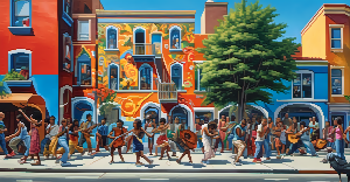 A colorful street mural showing diverse individuals expressing their culture through art, surrounded by urban scenery and greenery.
