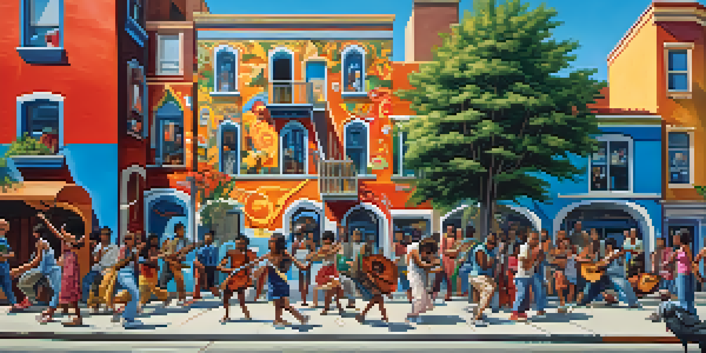 A colorful street mural showing diverse individuals expressing their culture through art, surrounded by urban scenery and greenery.