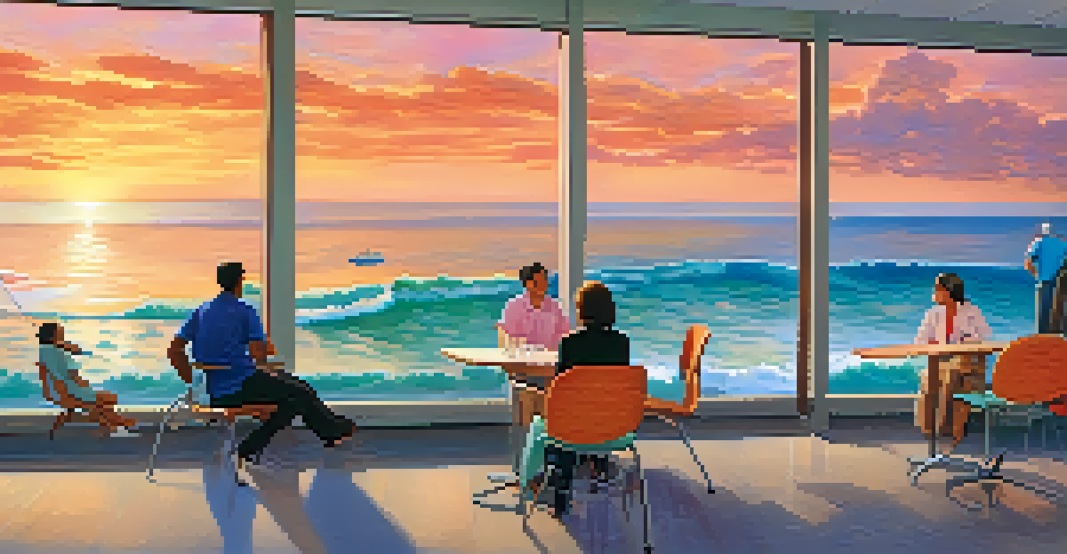 A hospital break room with a vibrant sunset mural and healthcare staff relaxing, enjoying the inviting atmosphere created by the artwork.