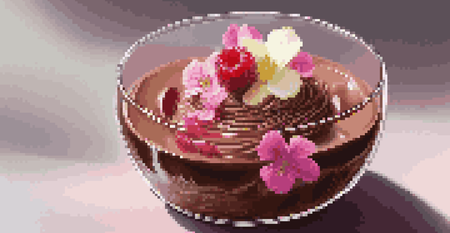 A chocolate mousse dessert with 3D-printed decorations, raspberry coulis, and edible flowers, displayed in a clear glass cup.