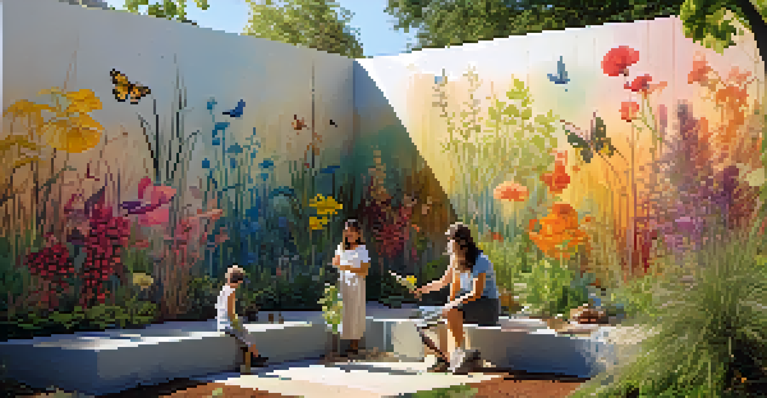 A mural made from natural dyes in an urban garden, depicting nature, with community members painting under soft afternoon light.