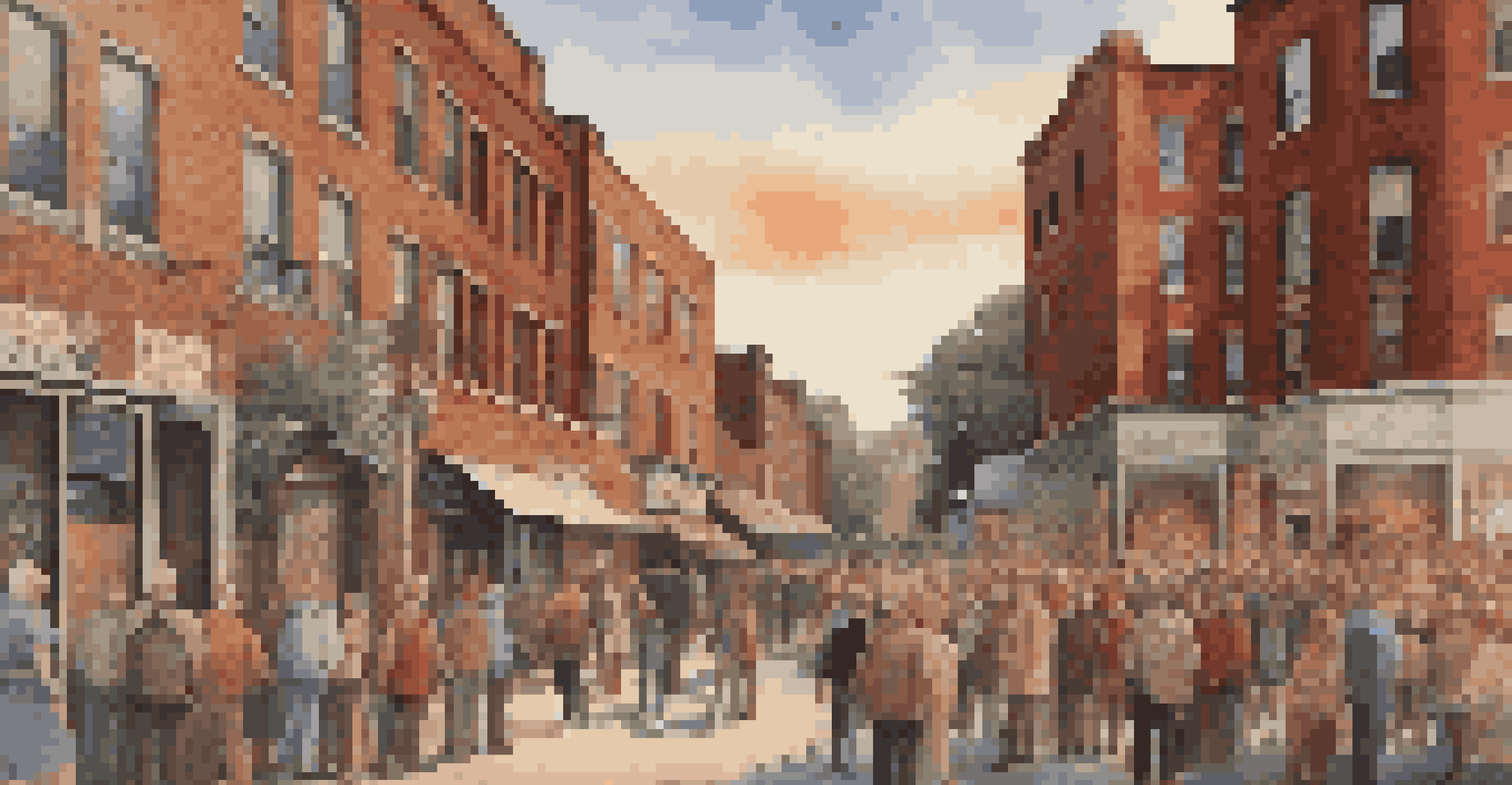 A street mural depicting local history with people admiring it, featuring earthy colors against a brick wall in soft evening light.
