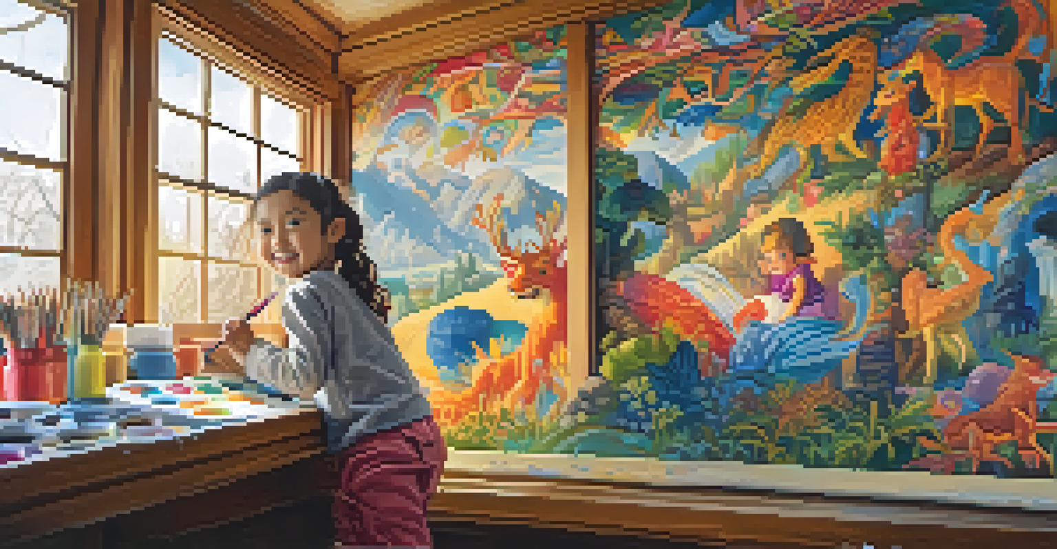 A child painting a colorful folklore-inspired mural indoors, surrounded by art supplies and warm sunlight.