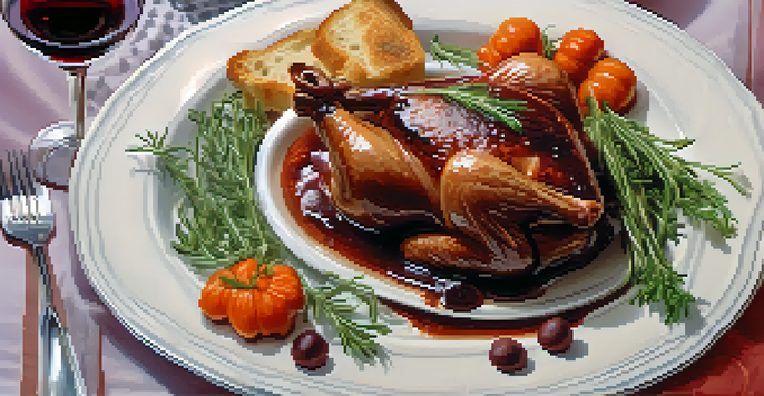 A beautifully arranged dining table with a plate of coq au vin, garnished with herbs, and a glass of red wine, under soft lighting.