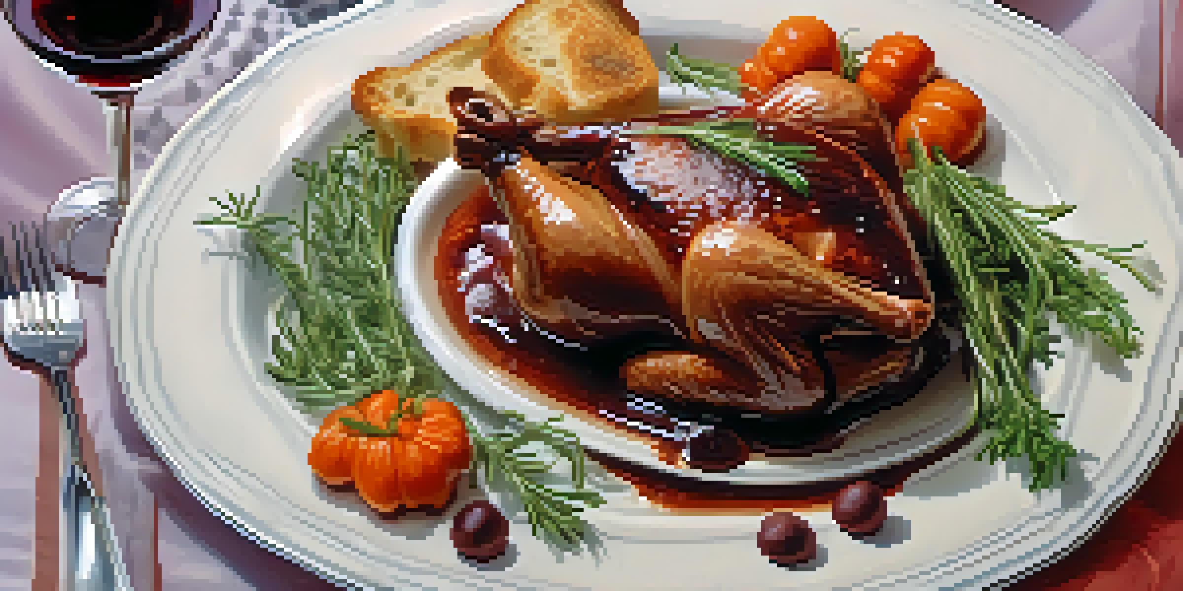 A beautifully arranged dining table with a plate of coq au vin, garnished with herbs, and a glass of red wine, under soft lighting.