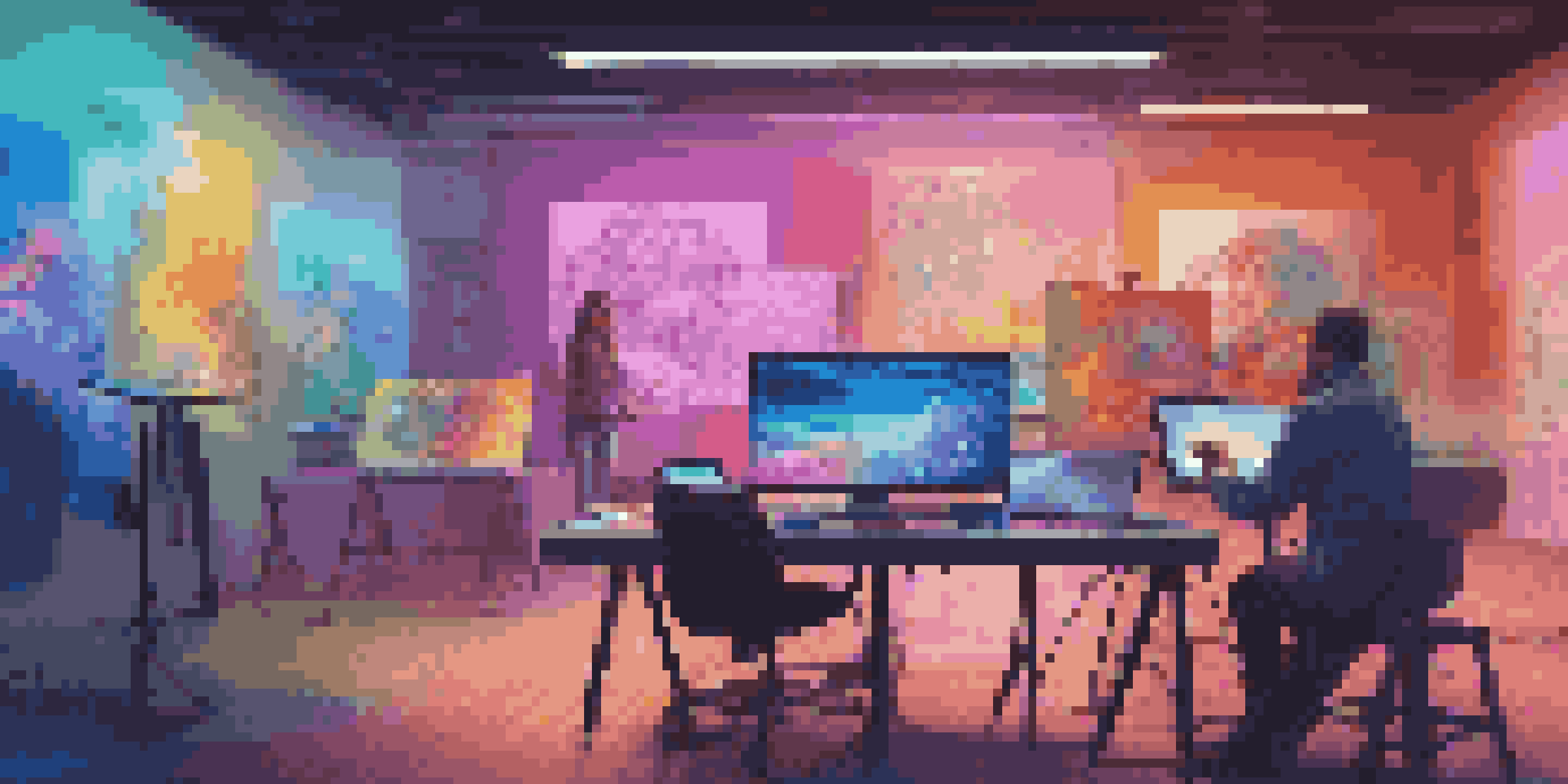 An artist working in a digital art studio with colorful canvases and high-tech equipment, surrounded by holographic displays of their artwork.