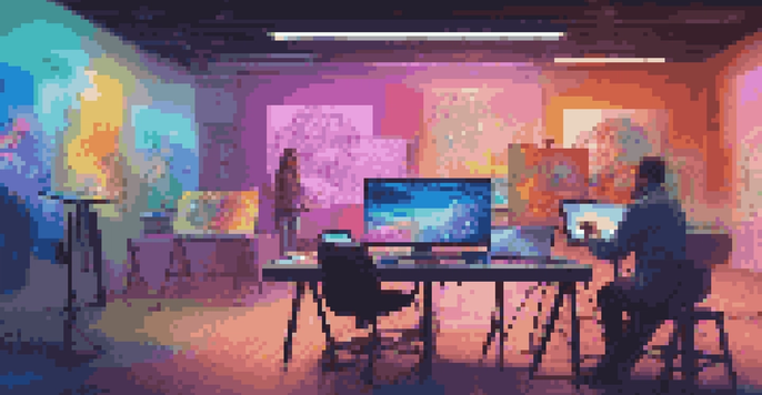 An artist working in a digital art studio with colorful canvases and high-tech equipment, surrounded by holographic displays of their artwork.
