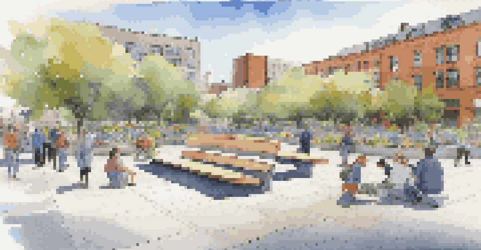An abstract sculpture in a plaza with people interacting, surrounded by benches and flowers under a blue sky.
