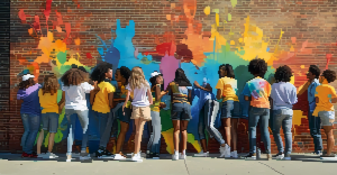 A diverse group of teenagers painting a colorful mural on a brick wall, showcasing teamwork and creativity in a sunny environment.