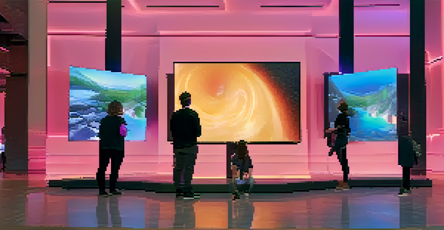 A digital art exhibition with viewers interacting with holographic displays and installations in a futuristic setting.