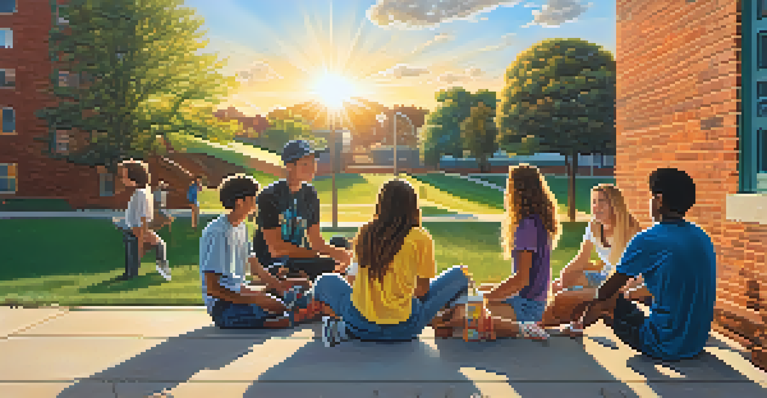 Teenagers working together on a colorful mural in a park, surrounded by nature and the warmth of the setting sun.