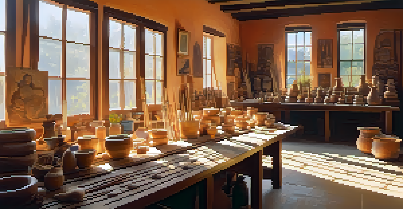 An art studio bathed in sunlight, showcasing traditional crafts like pottery and woven textiles, with an artist working on a pottery piece.