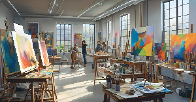 An art studio with emerging artists of various ethnicities working on their projects, surrounded by colorful artwork and sculptures, illuminated by sunlight.