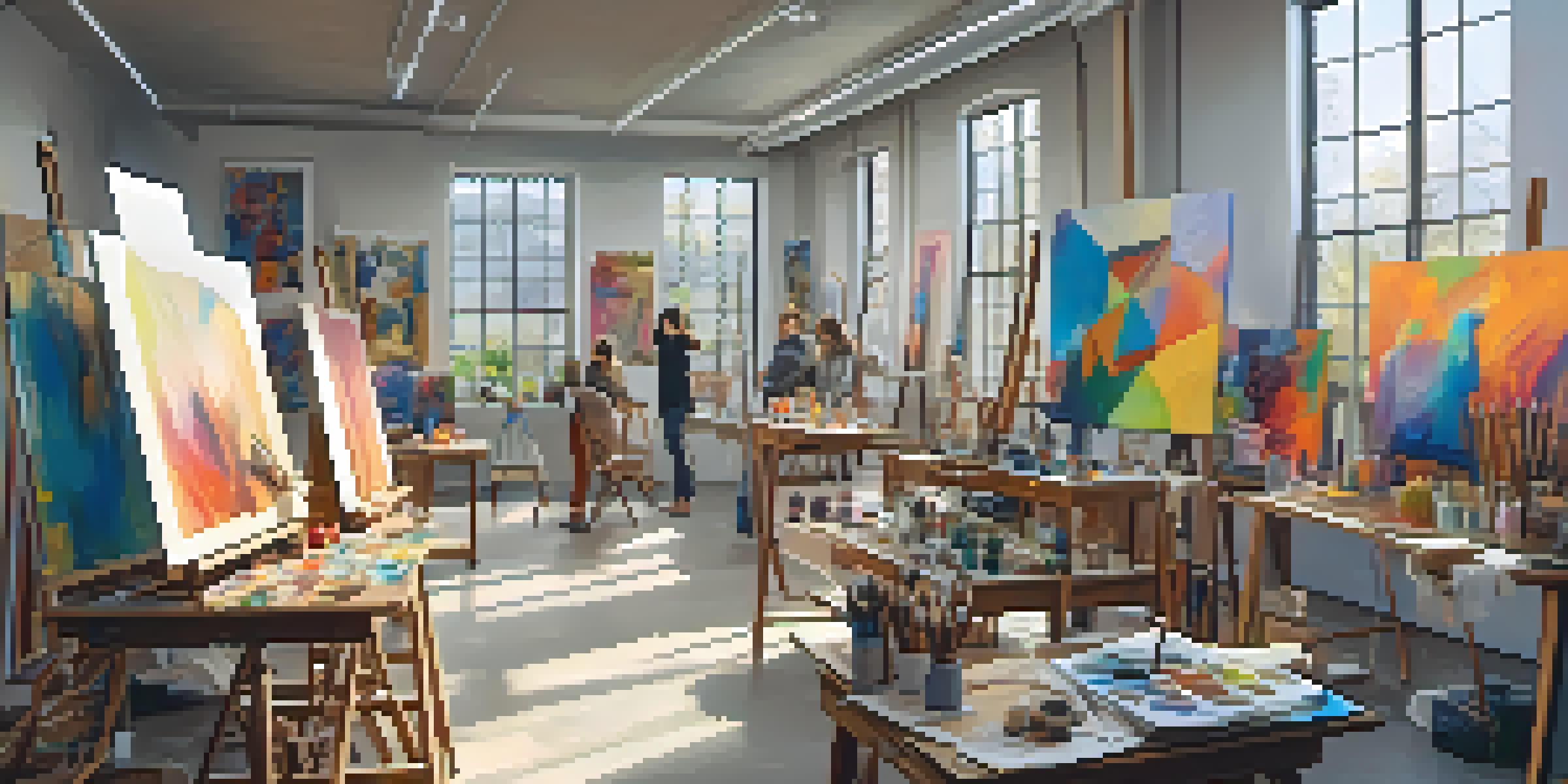 An art studio with emerging artists of various ethnicities working on their projects, surrounded by colorful artwork and sculptures, illuminated by sunlight.