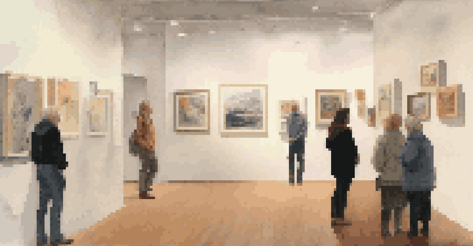 A small art gallery featuring an exhibit on mental health, with visitors admiring the artworks under soft lighting.