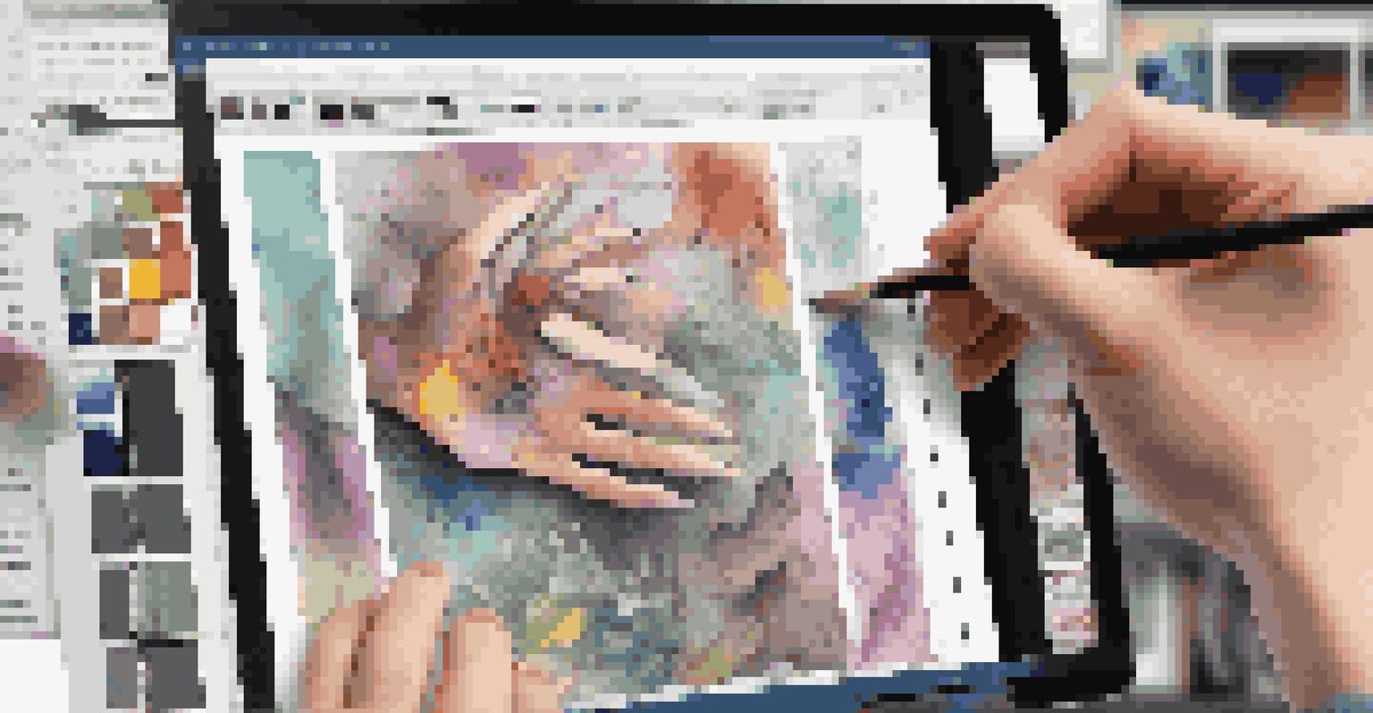 A student's hands creating a digital collage on a computer screen filled with colorful images.