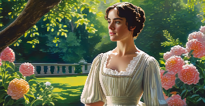 A painting of Elizabeth Bennet in a colorful garden, wearing a flowing Regency dress and looking thoughtfully at the horizon.