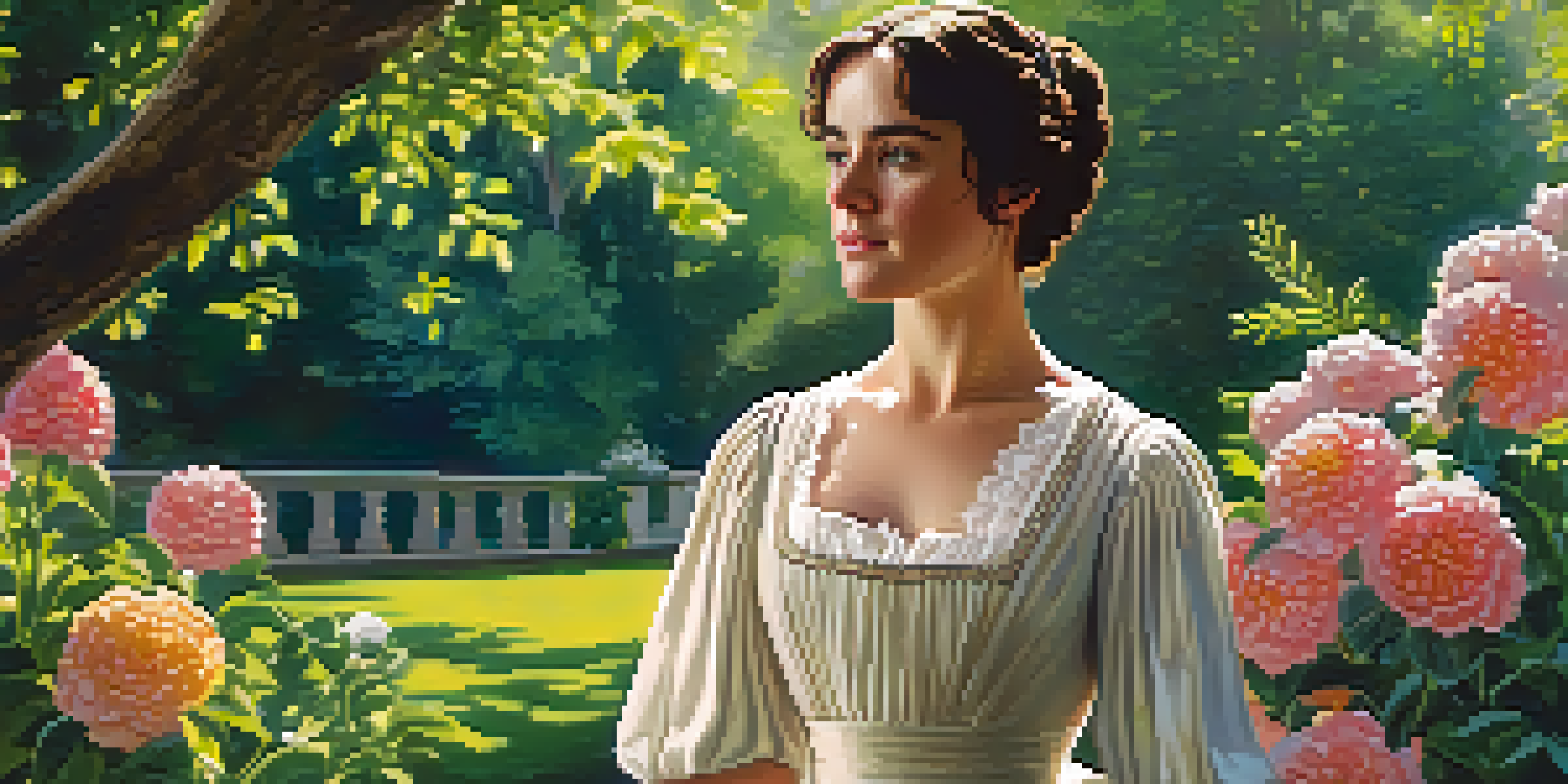 A painting of Elizabeth Bennet in a colorful garden, wearing a flowing Regency dress and looking thoughtfully at the horizon.