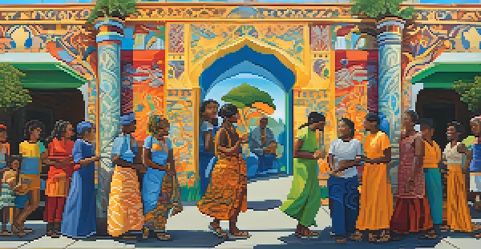 A colorful mural showing people from various cultures talking and interacting, with natural elements in the background.