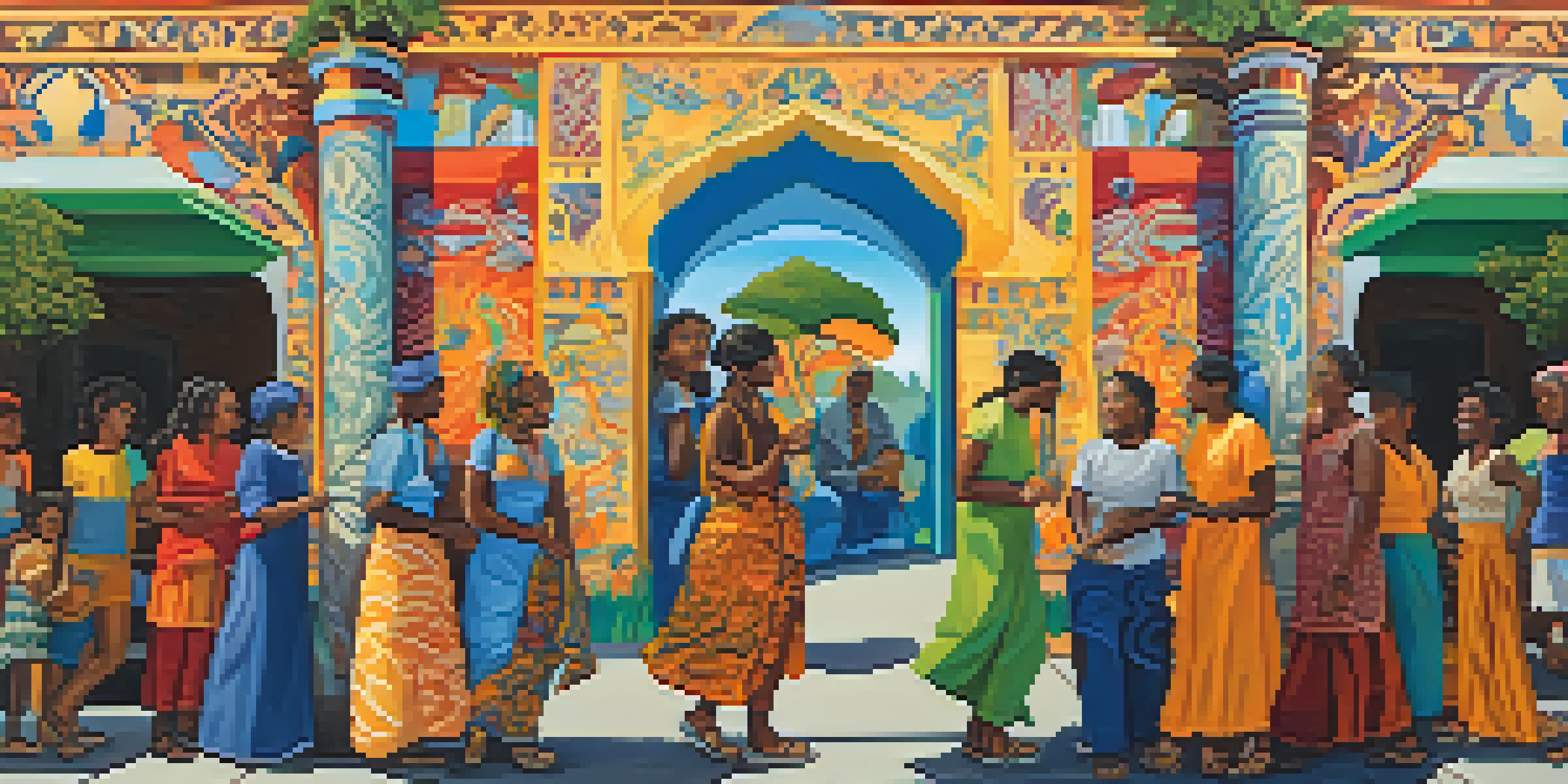 A colorful mural showing people from various cultures talking and interacting, with natural elements in the background.