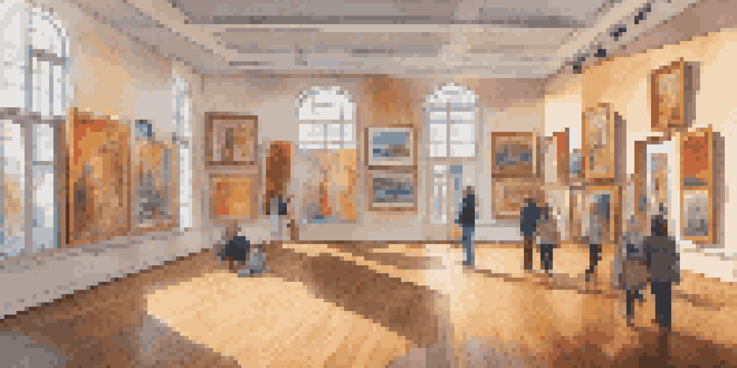 An art gallery filled with diverse artworks and people discussing art, with soft lighting and colorful decor.