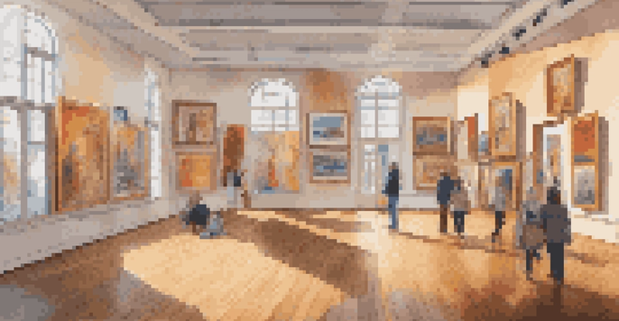 An art gallery filled with diverse artworks and people discussing art, with soft lighting and colorful decor.